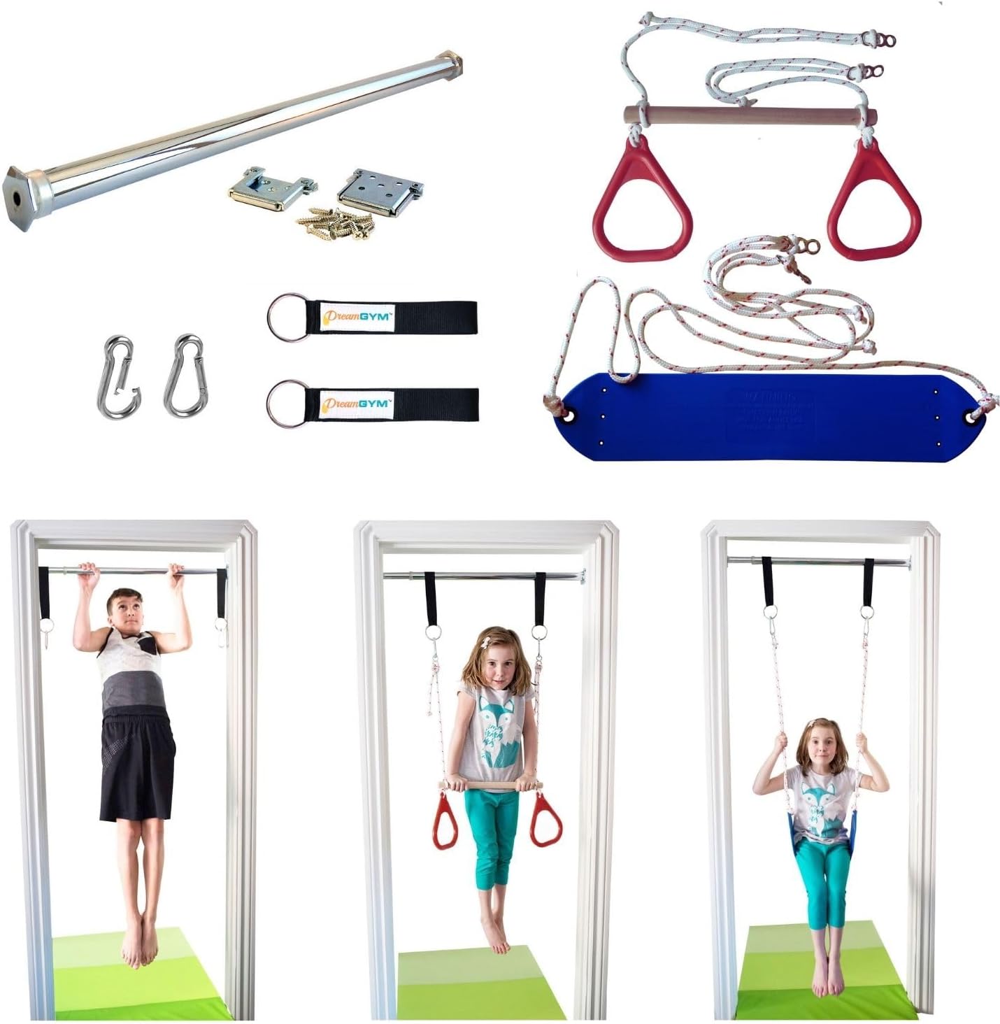 Gymnastic Ring - 子供用室内ドアスイングセット - クラシックなロープスイング、トラペーズバー、体操リングのコンボ。ドアの隙間で体操ができる。